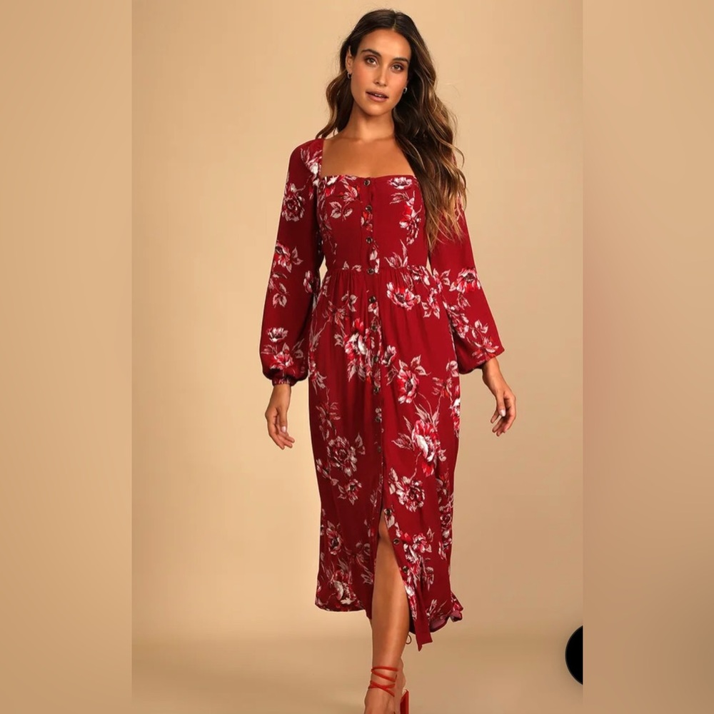 Lulus Burgundy Floral Print Tie-Back Midi Dress